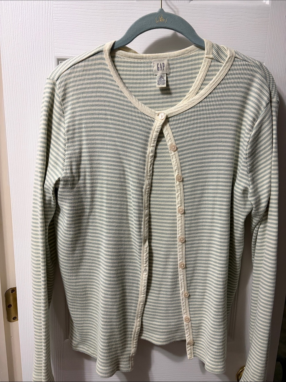 GAP narrow ribbed cotton sweater set in sage/ cream L - Picture 1 of 3